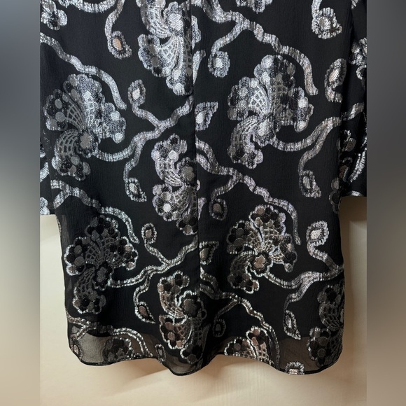 Rebecca Taylor Silk Blend Black Silver Lurex Metallic Bell Sleeve Blouse Size 8 - Picture 14 of 17